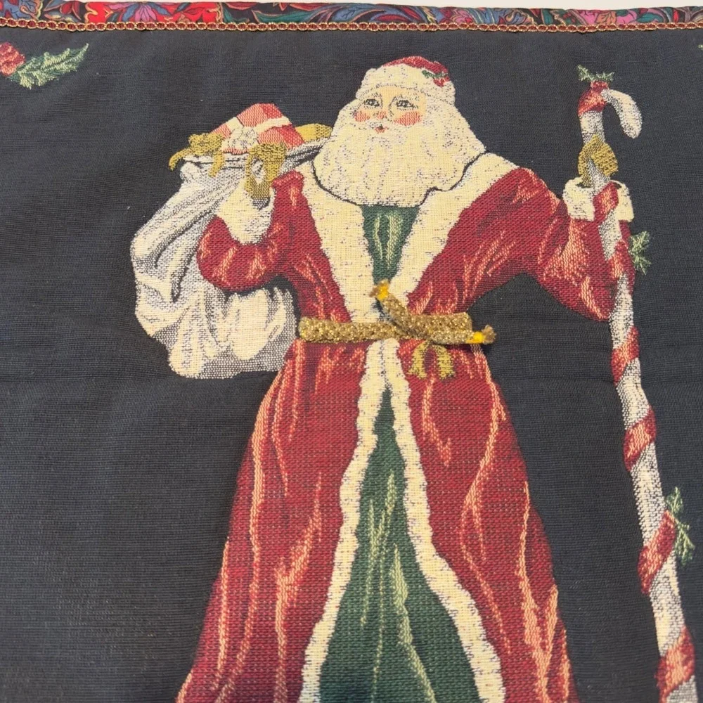 Vintage Santa Claus Woven Tapestry Wall Hanging Paisley Border 18.5x17